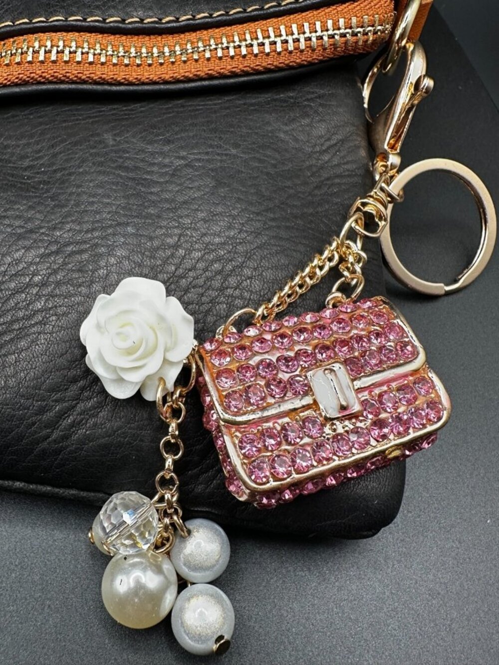 Pink Crystal Purse Charm Keychain Cute Handbag Accessory Glam